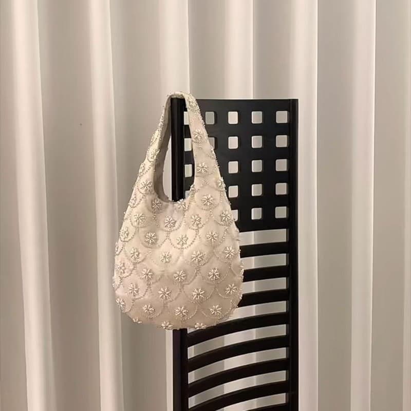 New Chinese style gentle armpit bag rice beads lace handmade handbag 2026 new heavy industry beaded satin tote bag