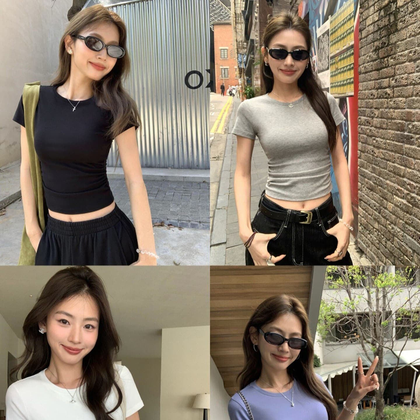 Pusumede Basic Round Neck Short Sleeve T-Shirt for Women, Black, Slim Fit, Waist-Cinching, Short Length, Set-in Sleeve Top