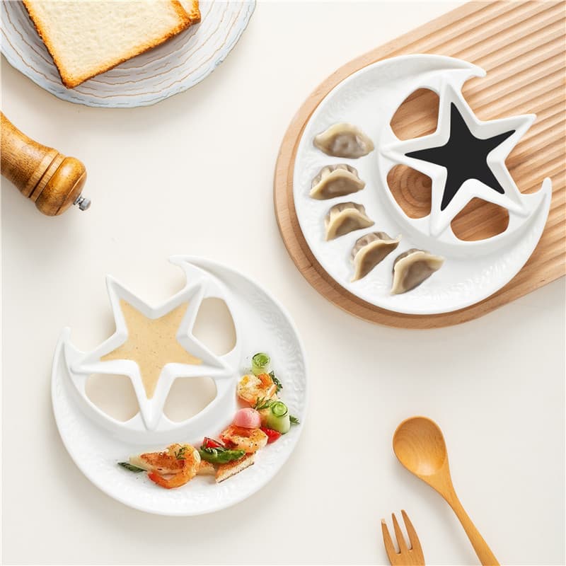 Pure White Ceramic Creative Star Moon Shape Dim Sum Plate Dumpling Plate Fruit Breakfast Plate European Style Western Food Plate Compartment Plate