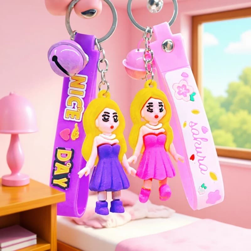 Cute Cartoon Pink Barbie Princess Keychain Pendant Silicone Doll Keychain Car Bag Pendant Gift