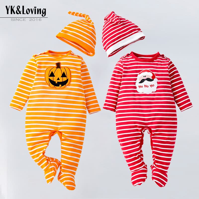Cross-border children's clothing wholesale Halloween baby pure cotton long-sleeved striped jumpsuit cartoon pumpkin baby crawling suit hat