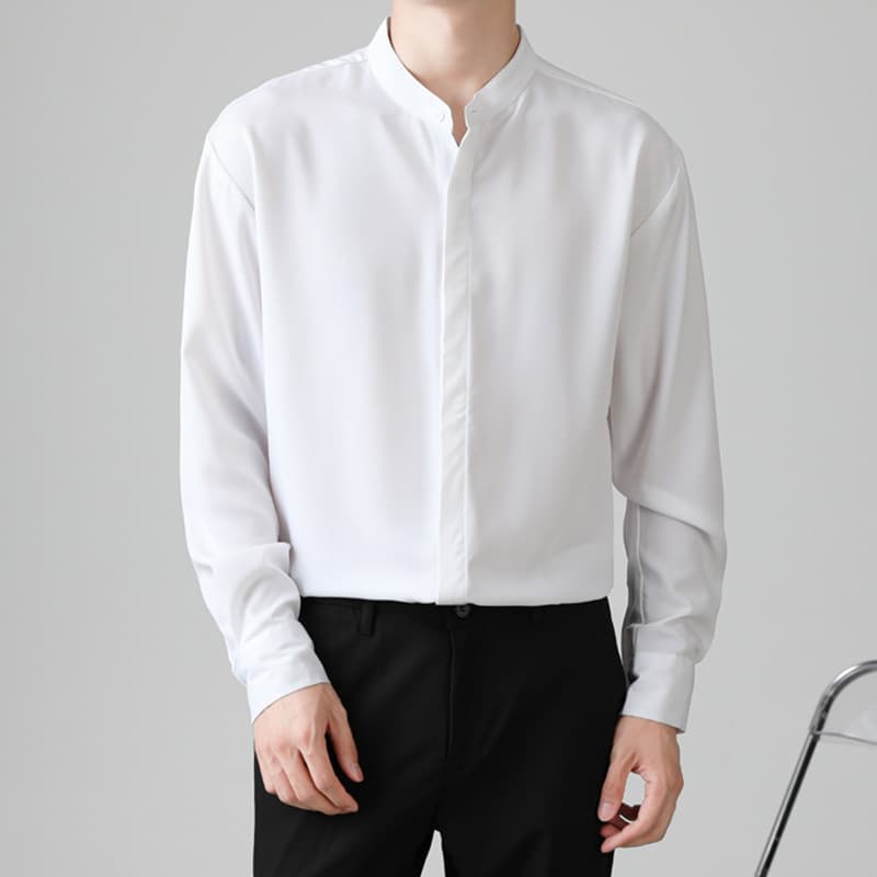 Premium Stand Collar White Long Sleeve Shirt for Men Autumn Business Professional Workwear Shirt Set Inner Layering Round Neck