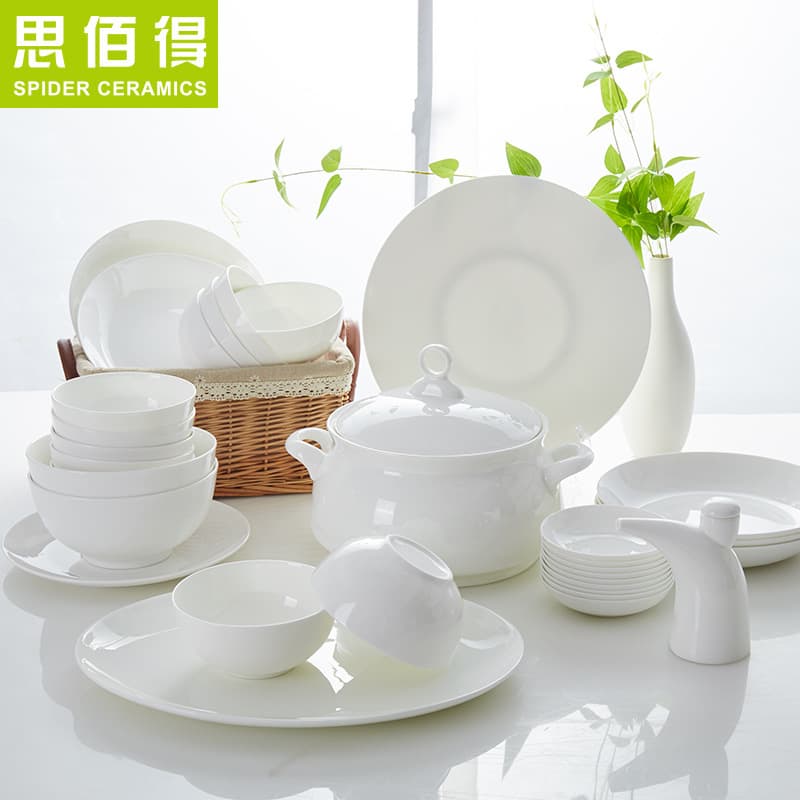 Pure white bone china tableware, bone china bowls and plates, household bone china rice bowls, noodle bowls, soup dishes, basins, soup pots, Tangshan