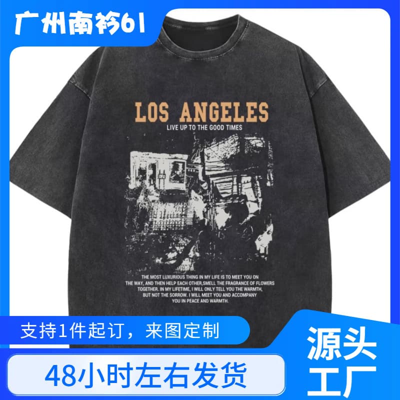 【Cross-Border European Size】Pairxily Patterned T-Shirt Men's Acid-Washed Los Angeles Vintage T-Shirt Streetwear