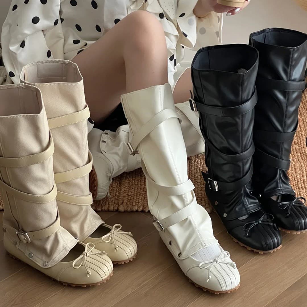 Women's Convertible Boots with Detachable Bow, Mary Jane Shoes, Retro Sports Ballet Shoes, Soft-Soled Slouchy Riding Boots