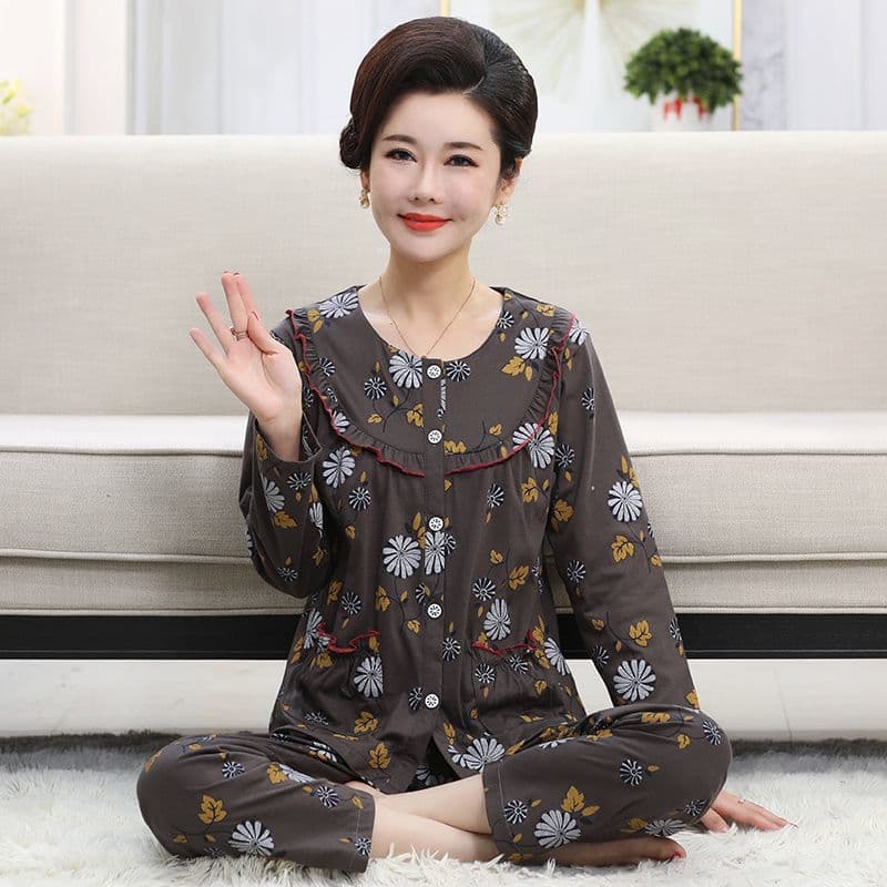 Women's Thin Homewear Set for Middle-aged and Elderly, Long-sleeved Autumn and Winter Plus Size Pajamas for Mom