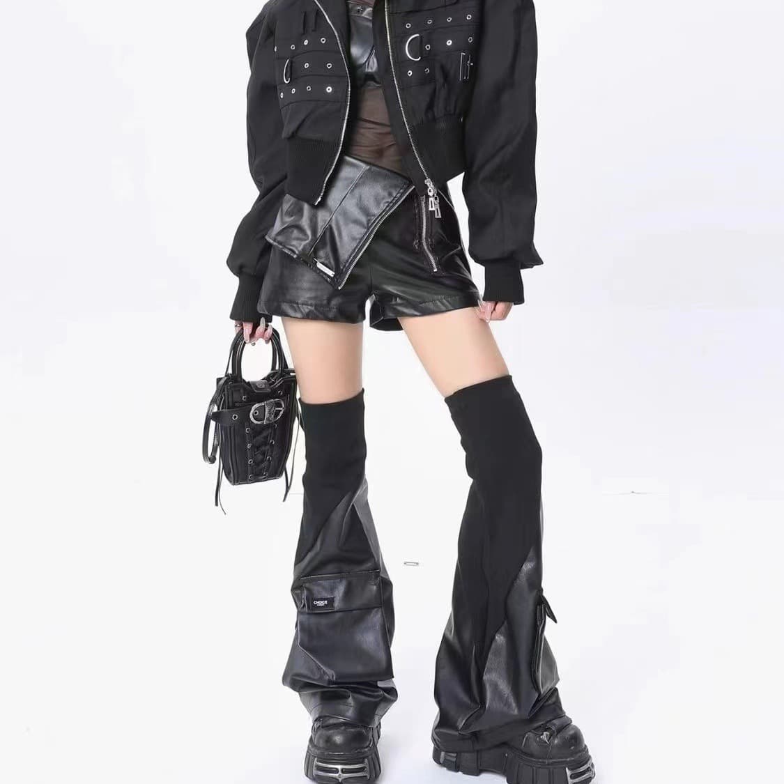 New Dark Style PU Leg Warmers JK Bell-Bottom Mid-Length Socks Black Socks Spliced 3D Pocket Boot Socks