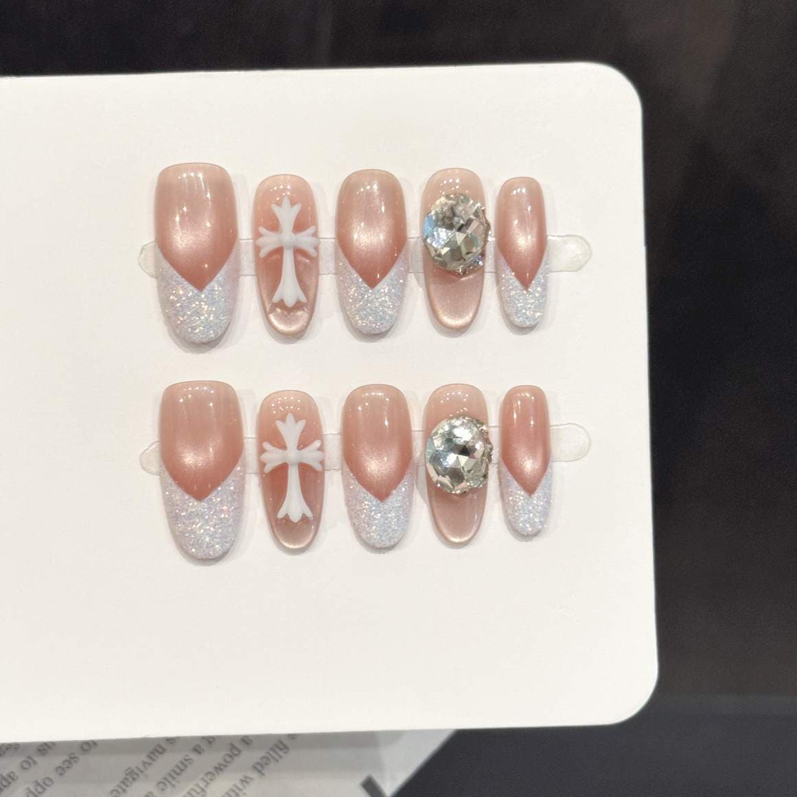 Yihe [Pink Silver Givenchy] Nude Pink Cat Eye Glitter French Nail Art Stickers with Big Rhinestones, Sweet Cool Handmade Wearable Nails