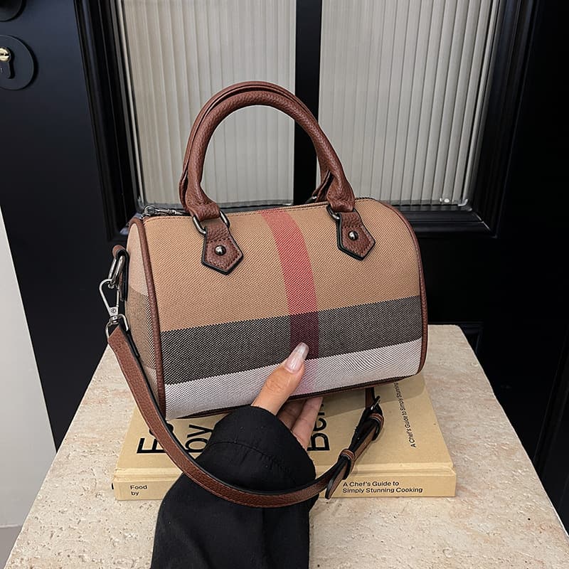 2024 New Hot Selling Jute with Leather Cross-Border Women's Bag Large Capacity Handbag Fashionable Trendy Plaid