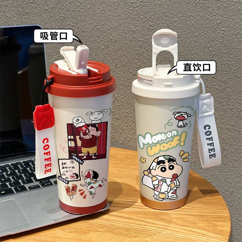 Crayon Shin-chan Thermos Cup Shin-chan 316 Stainless Steel Straw Water Bottle Dual Drinking Cartoon Cute Student Kids Portable
