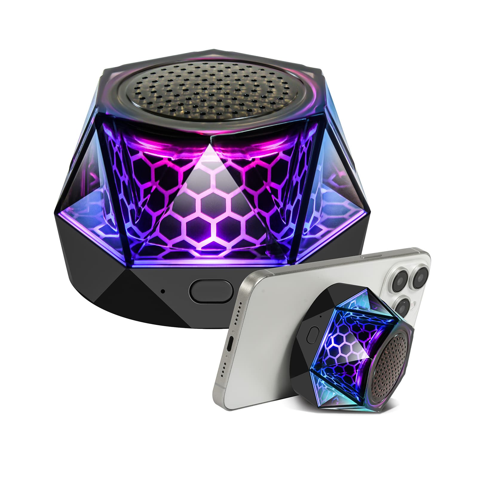 Popular magnetic wireless Bluetooth speaker, mini powerhouse with LED lighting, portable mini phone suction cup, and bass.