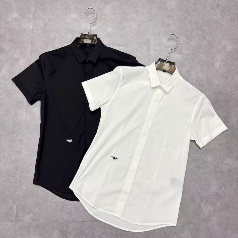 Men's new summer black spider embroidery light luxury business slim lapel black and white solid color men's shirt GTCSG087