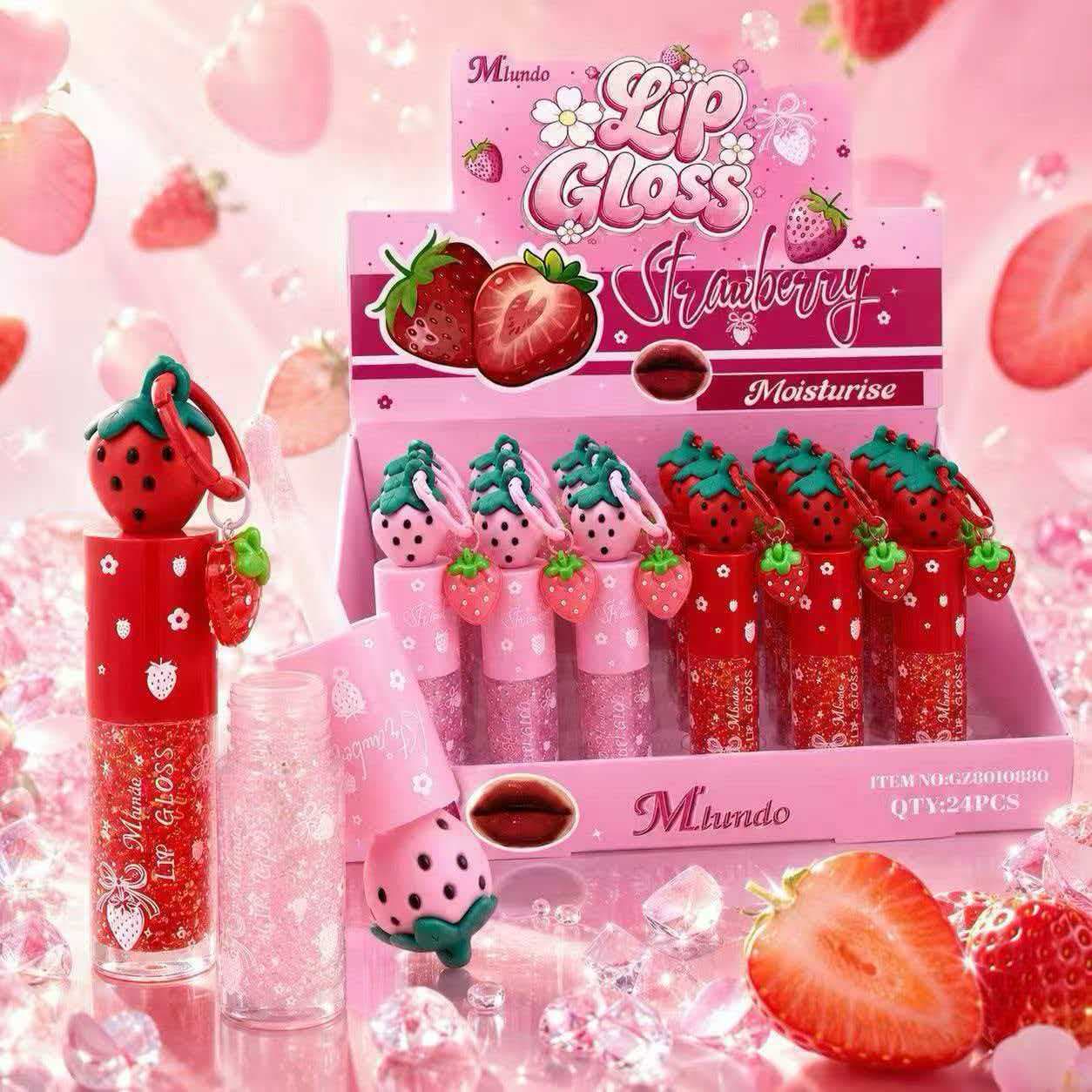 Cross-border Cute Strawberry Pendant Lip Oil Water-Gloss Moisturizing Long-Lasting Lip Gloss Cross-border Cosmetics Stock Wholesale