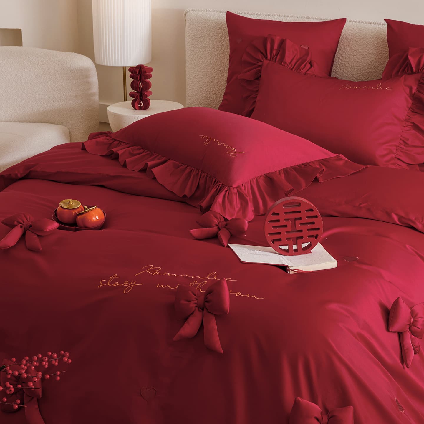 100S Pure Cotton Wedding Four-Piece Set Simple Long-Staple Cotton Red Quilt Cover Pure Cotton Bed Sheetss Dowry Wedding Bedding