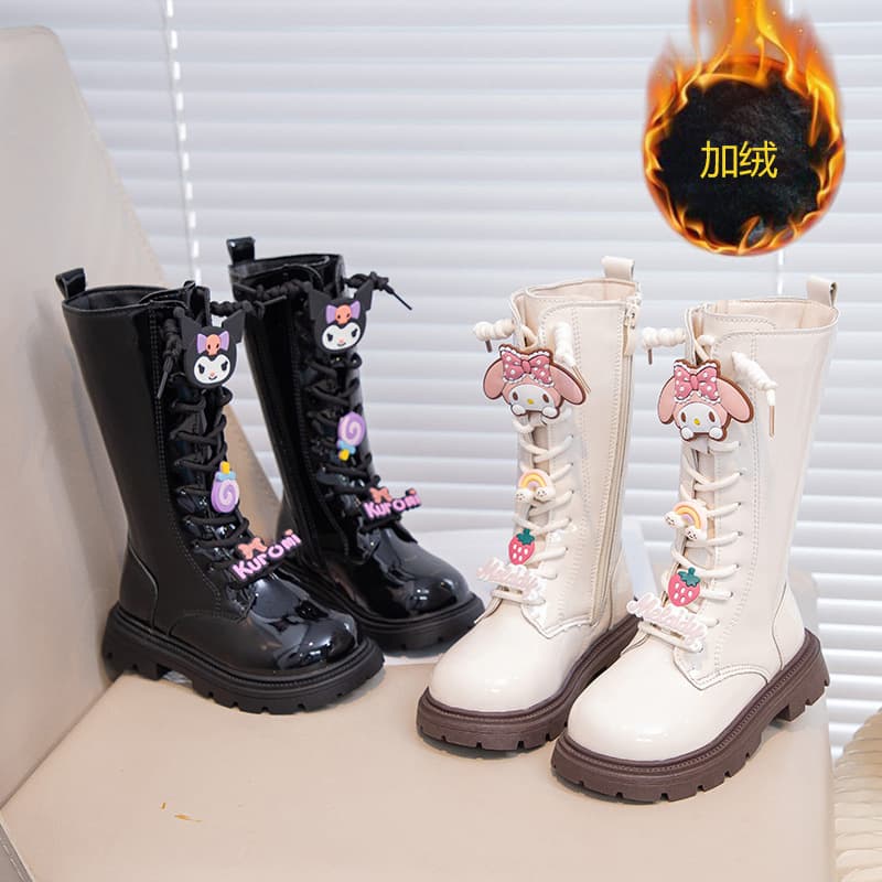 Girls' Long Boots 2026 Korean Style Autumn Winter New Arrival for Older Kids, Cute Cartoon Plush Leather Boots with Soft Soles, Trendy Tall Boots