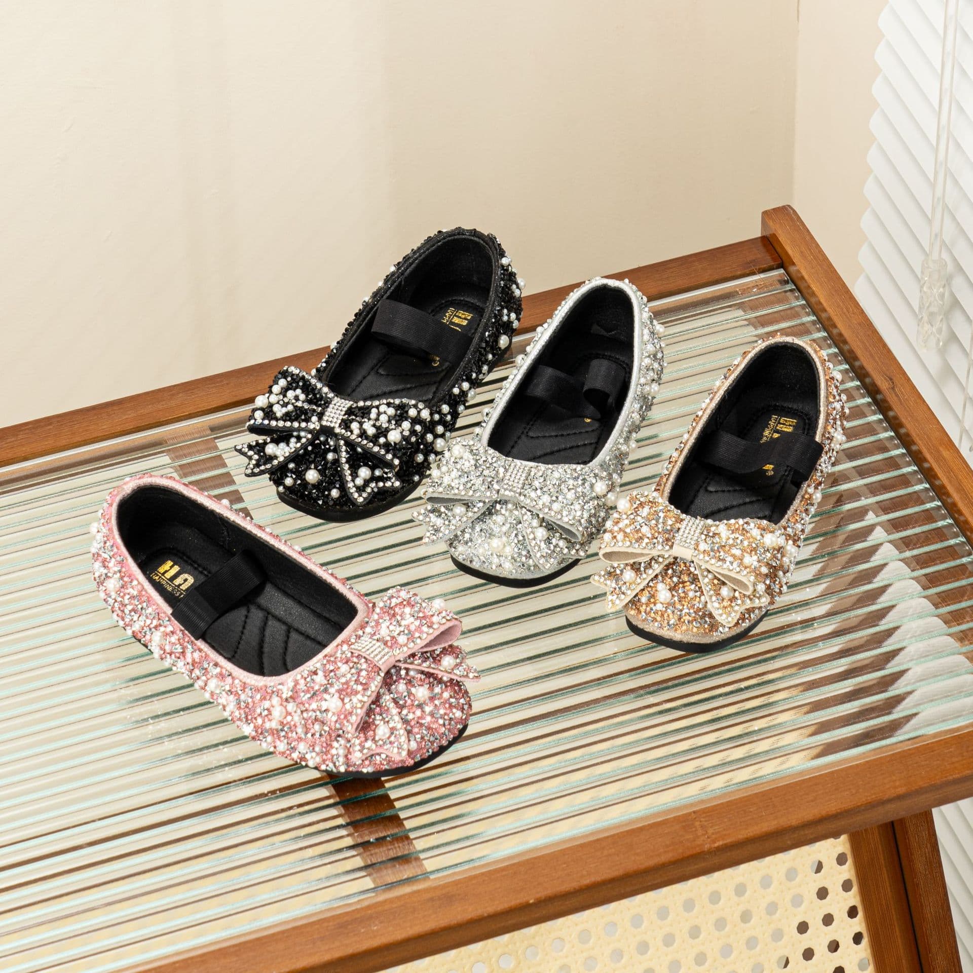 2025 Summer Bow-Knot Girls' Princess Shoes, Baby Rhinestone Shoes, Leather Shoes, Dance Shoes, Wholesale Crystal