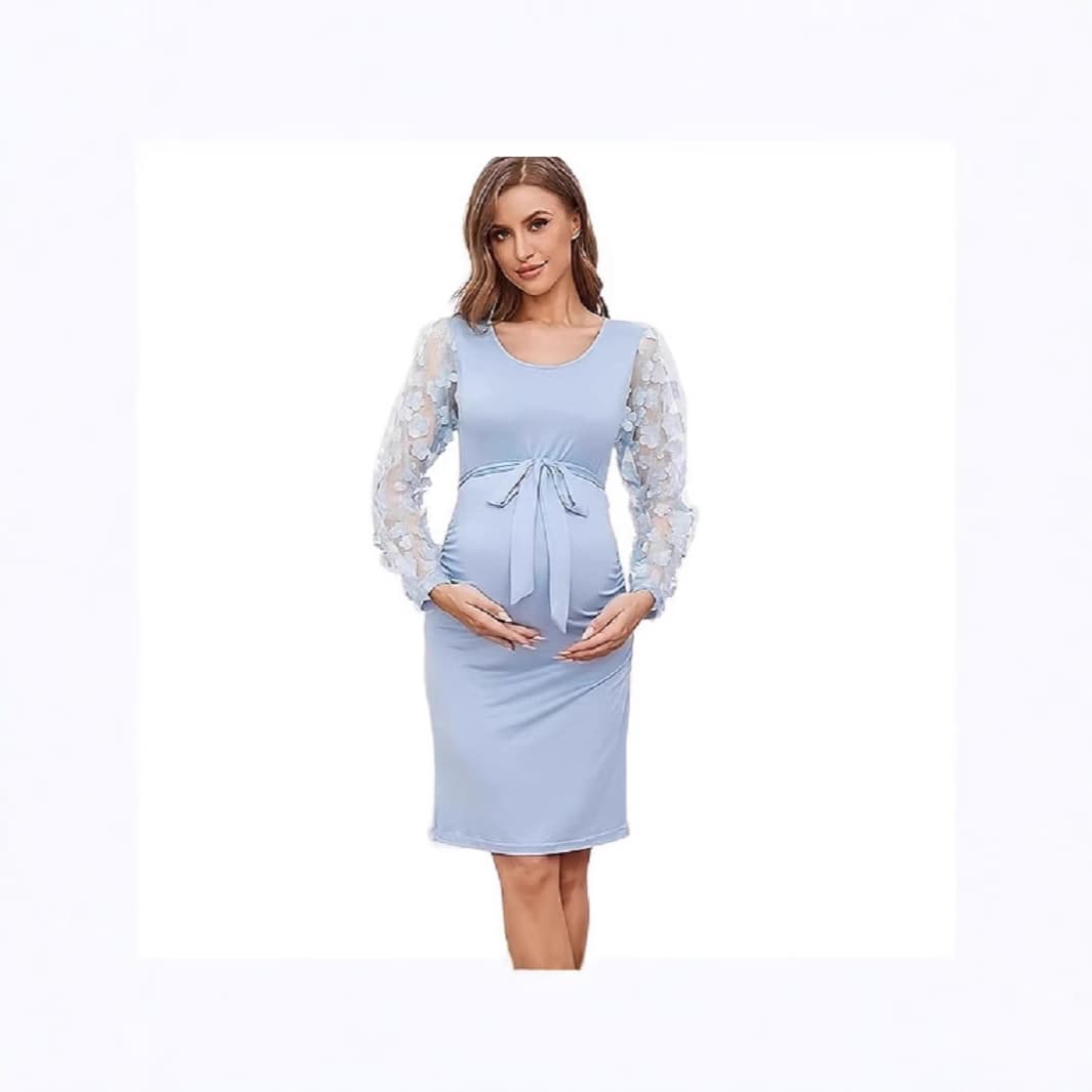 2025 European and American Maternity Dress with Floral Patchwork, Slim Fit, Long Sleeve, Round Neck, Summer Maternity Dress