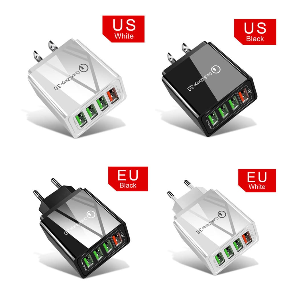 QC3.0 Fast Charging 4-USB Multi-Port 5V/9V/12V New Travel Charger US Plug EU Plug Fast Charging qc3.0