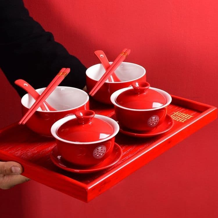 Pair of Red Lidded Ceramic Tea Cups with Auspicious Bowls and Chopsticks, Complete Dowry Tea Set