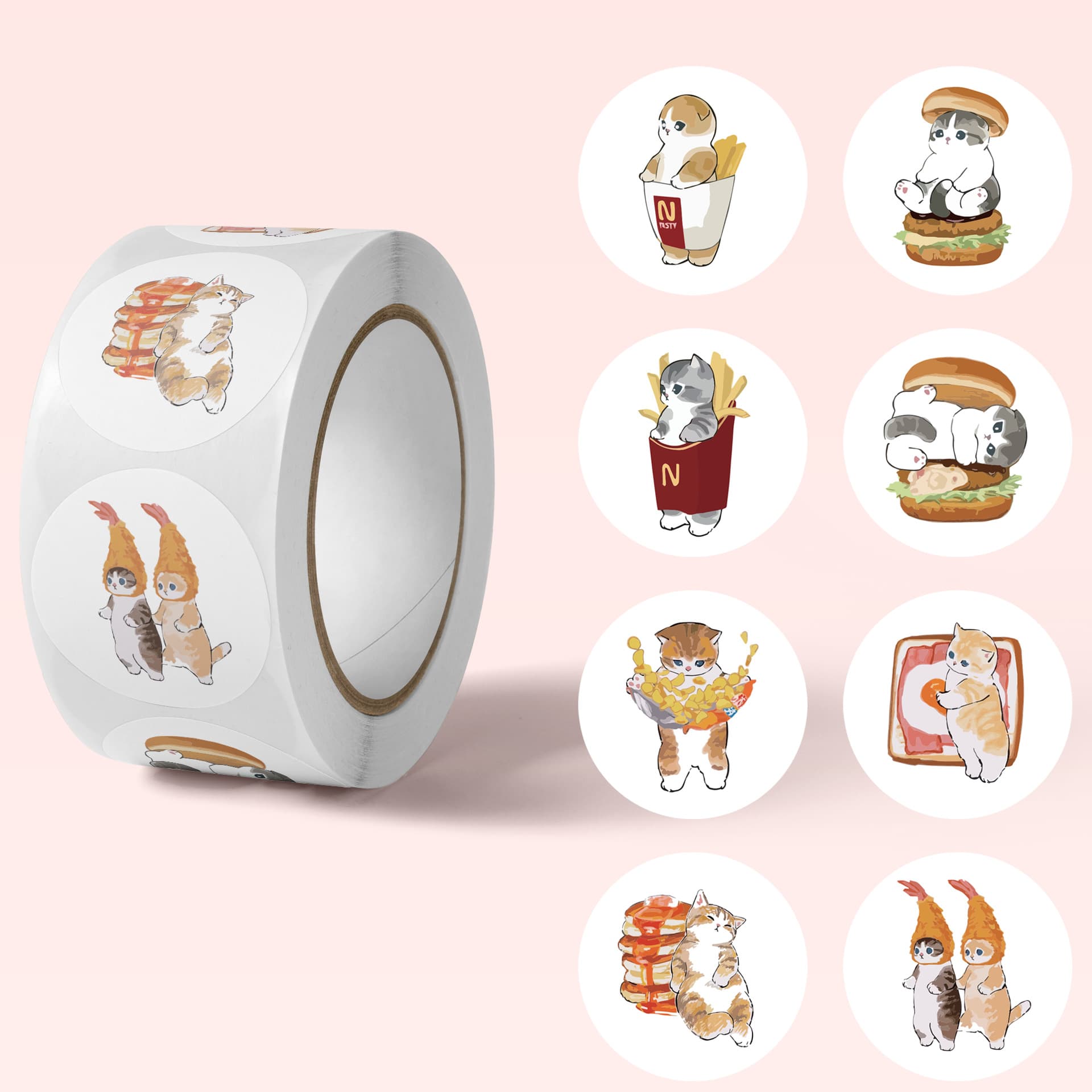 Cartoon food cat children's creative sealing stickers ins decorative sealing stickers card wall stickers inspirational roll stickers 500 pieces