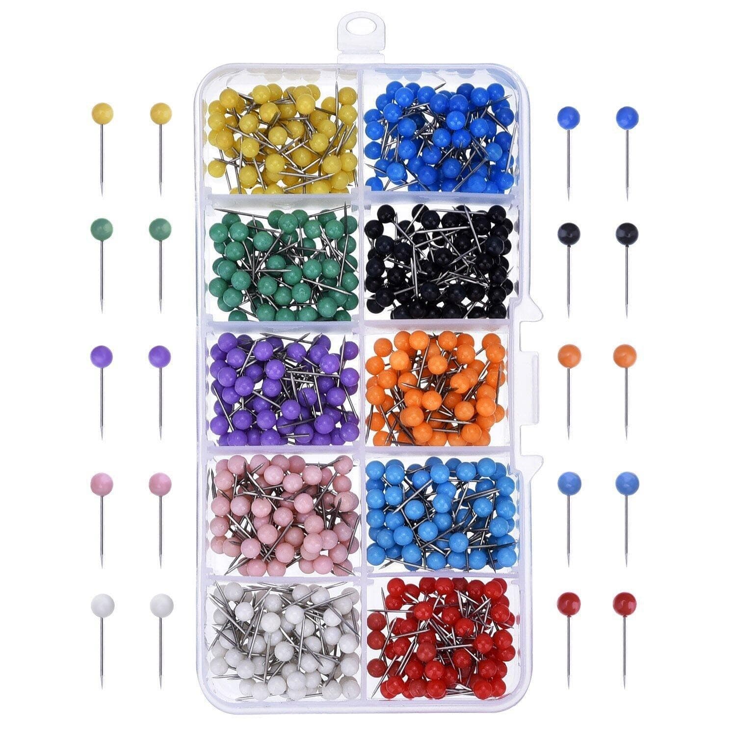 Colored plastic pins, map tacks for soft boards, office photo wall fixation push pins in 10 high-appeal colors