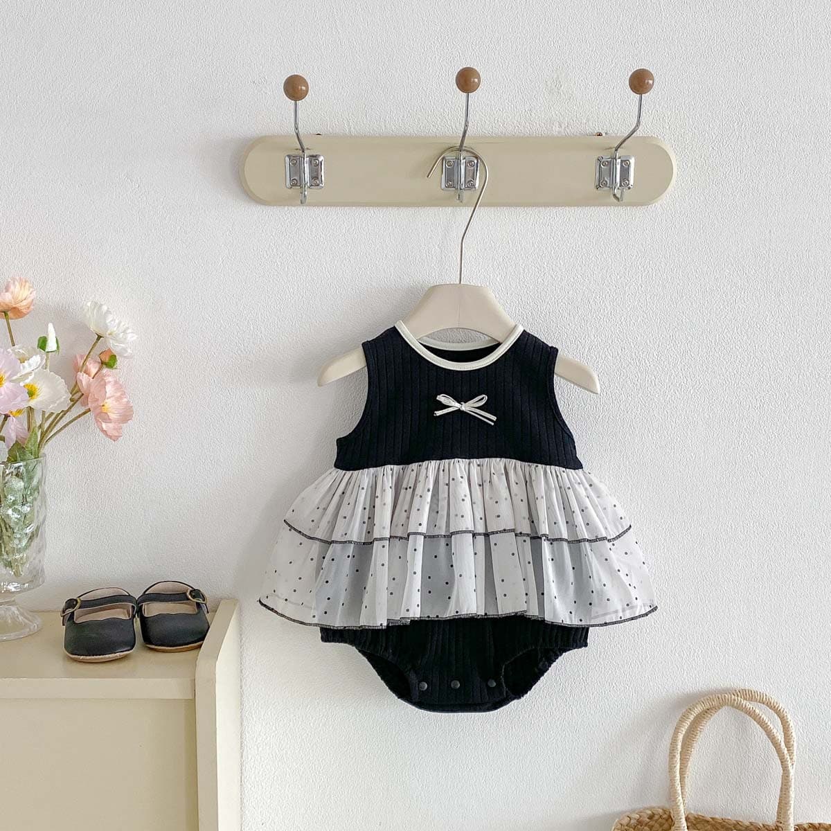 Summer Korean-style Baby Romper Dress, Mesh Vest Dress for Girls, Sweet Ribbed Sleeveless 100-Day Princess Bodysuit