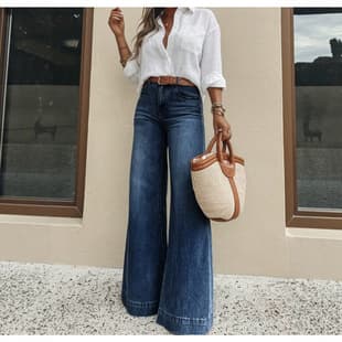 New High-Waist Wide-Leg Jeans for Women, Loose Fit, Washed Straight-Leg Floor-Length Pants, Fashionable and Versatile