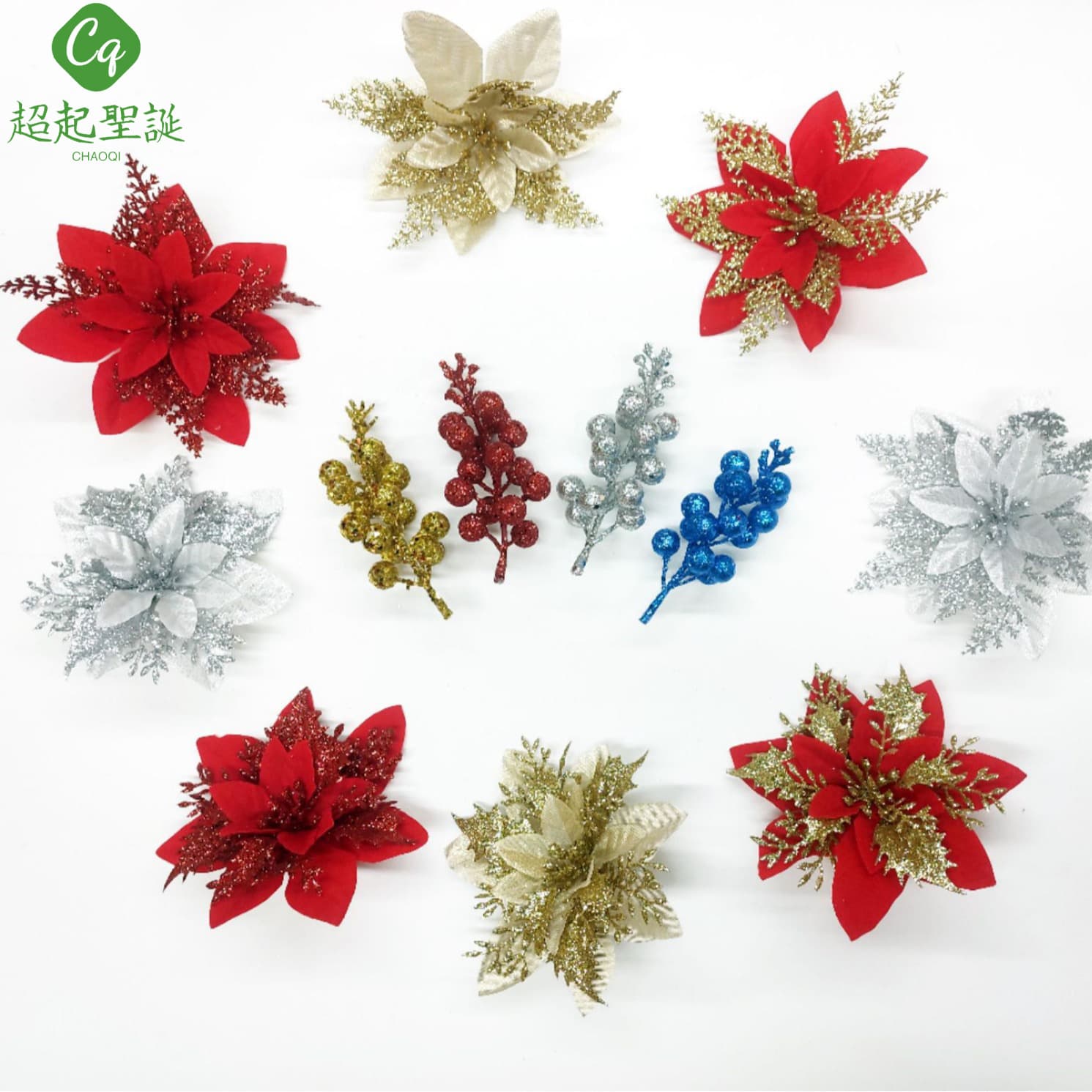 Cross-border Gold Glitter Christmas Flower Heads Christmas Flower Accessories Christmas Tree Decoration Artificial Gold Glitter Plastic Flower Wreath Ornaments