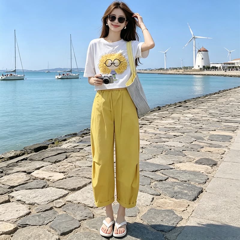 Early Summer Unique Stunning Two-Piece Set Casual Relaxed Short Sleeve T-Shirt and Wide Leg Pants for Outing