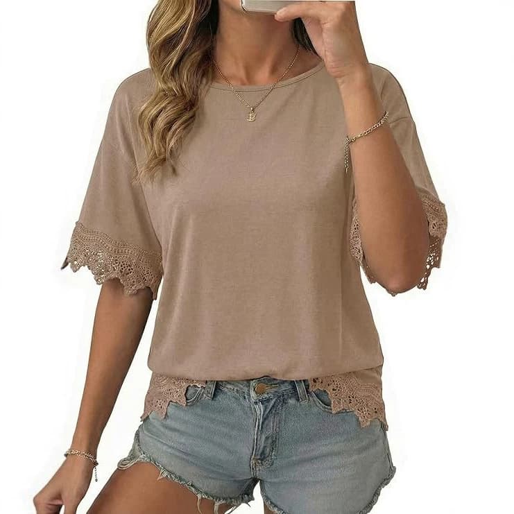 Women's Summer Top 2026 Oversized Short Sleeve Shirt Casual Loose Lace Patch T-Shirt Fashion Clothing