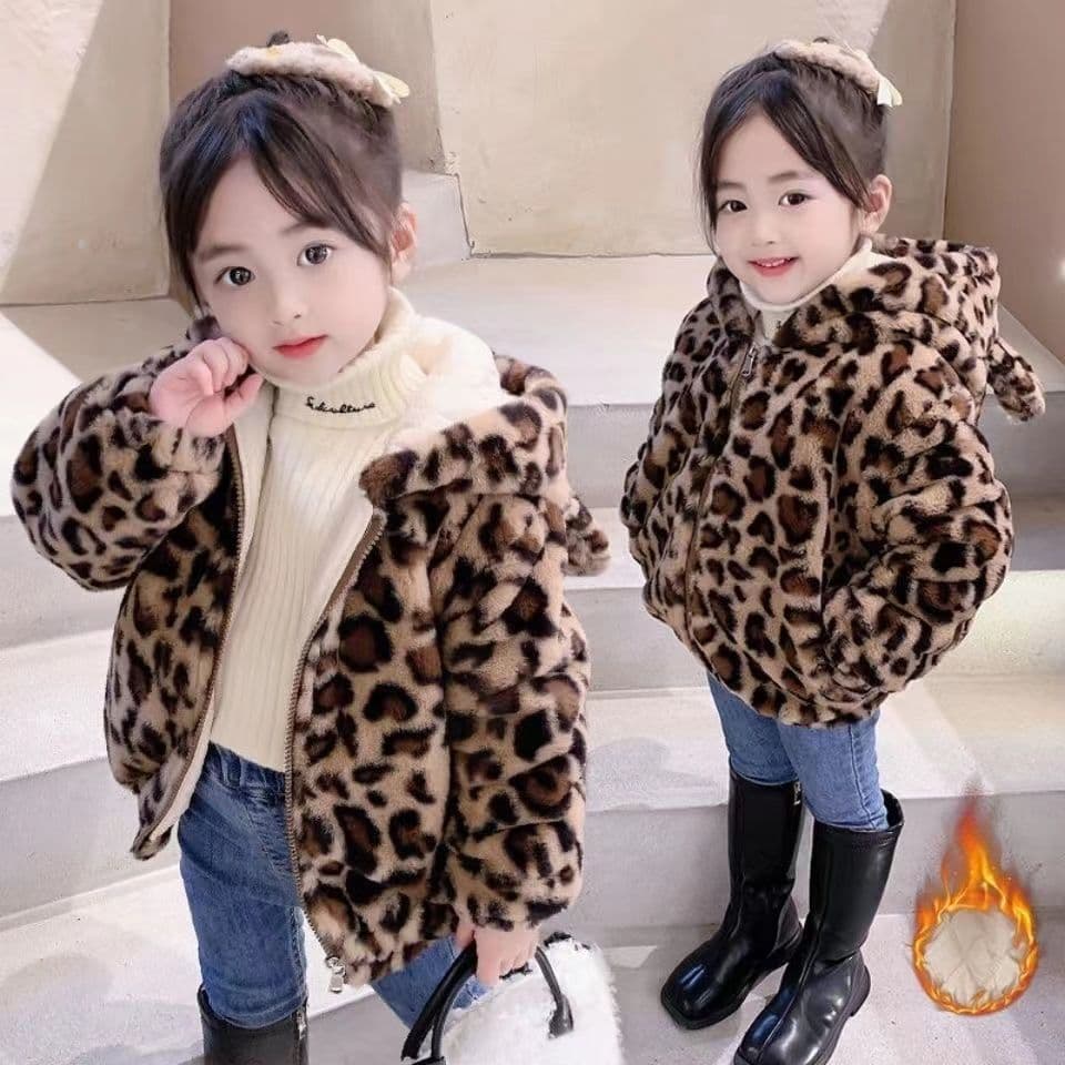 Girls' Fashionable Leopard Print Jacket with Rabbit Fur, 2023 Winter New Korean Style Children's Thickened Jacket Baby Overcoat Trendy