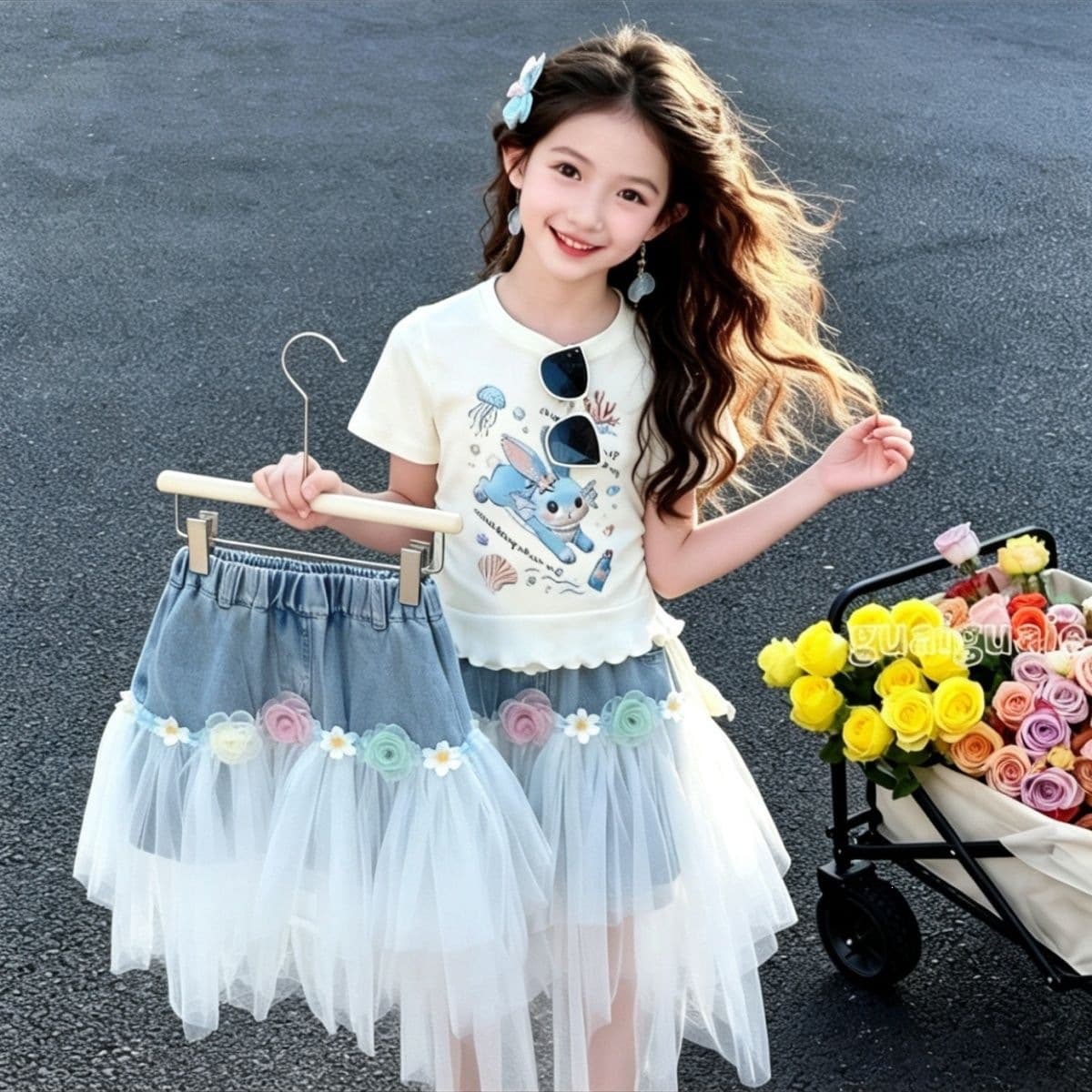 Girls' streamer short-sleeved skirt suit new summer irregular shirt denim patchwork skirt sweet style