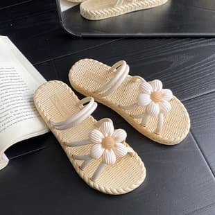 New Fashion Flower Women's Sandals Summer Straw Woven Slippers Ethnic Style Roman Shoes Beach Flip-flops 2-in-1 Sandals