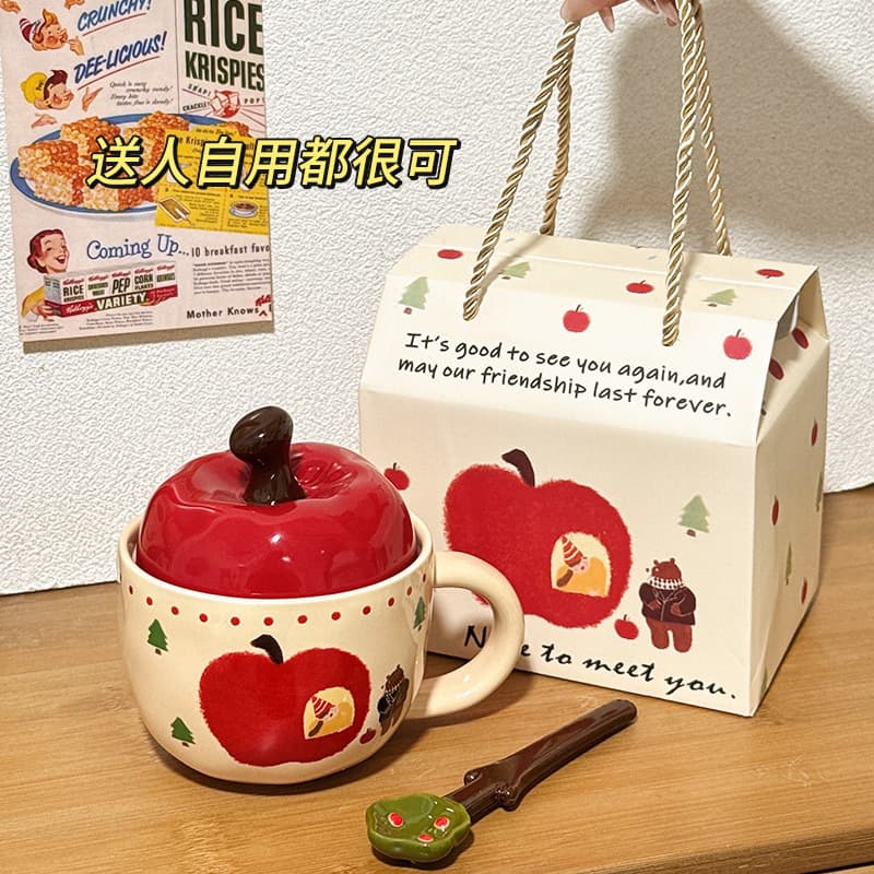 Cute Ceramic Mug with Lid and Spoon, Breakfast Cup for Office, Couple Water Cup, Birthday Gift for Women, Apple Shaped Ceramic Mug