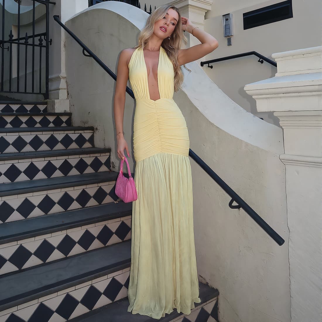 Cross-border European and American 2026 new summer women's solid color sexy mesh splicing deep V-neck halter neck strap dress