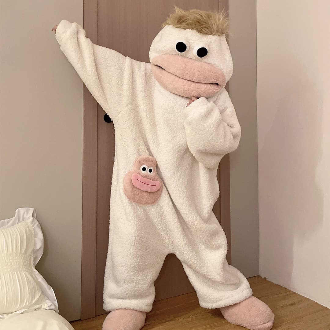 Big-Mouthed Monster One-Piece Pajamas, Thickened Warm Coral Fleece Loungewear, Winter Plush Quirky Couple's Bathrobe with Comb
