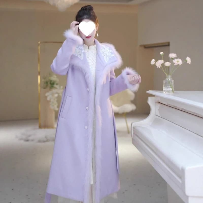 D6C Princess Style Wool Coat Elegant Outerwear Winter Women's Over-the-Knee Dress Coat Trendy Thickened and Lined Coat