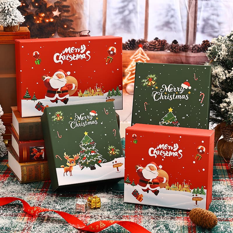 New Christmas gift boxes with red scarves and hats, heaven-and-lid design for socks and thermos gifts.