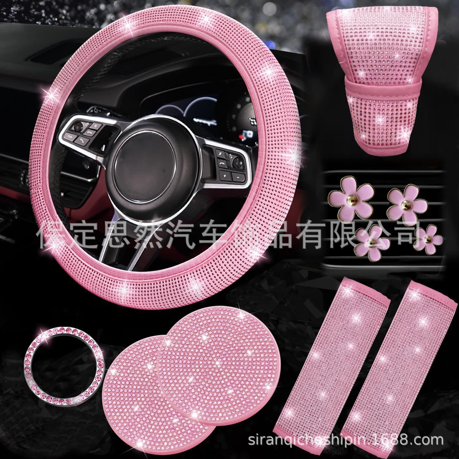 Cross-border Car Steering Wheel Cover with Rhinestones, Full Diamond Gear Shift Cover, Seat Belt Shoulder Pad Set, 11-Piece Kit