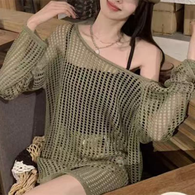 2025 Casual Lace Knit Top Off-Shoulder Slimming Loose Summer Cardigan Sun Protection Outerwear Women's Long Sleeve