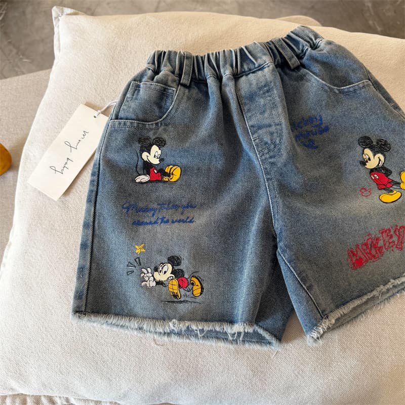 Kids Denim Shorts with Cartoon Pattern, Baby Five-Point Pants, Korean Style Boys Summer Mid-Length Thin Pants Trendy