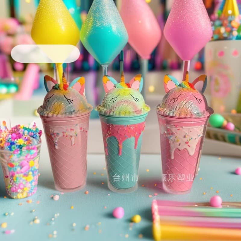 Unicorn Ice Cream Cup Double-Layer Plastic Straw Cup, Cute High-Quality Water Cup with Lid, Factory Wholesale