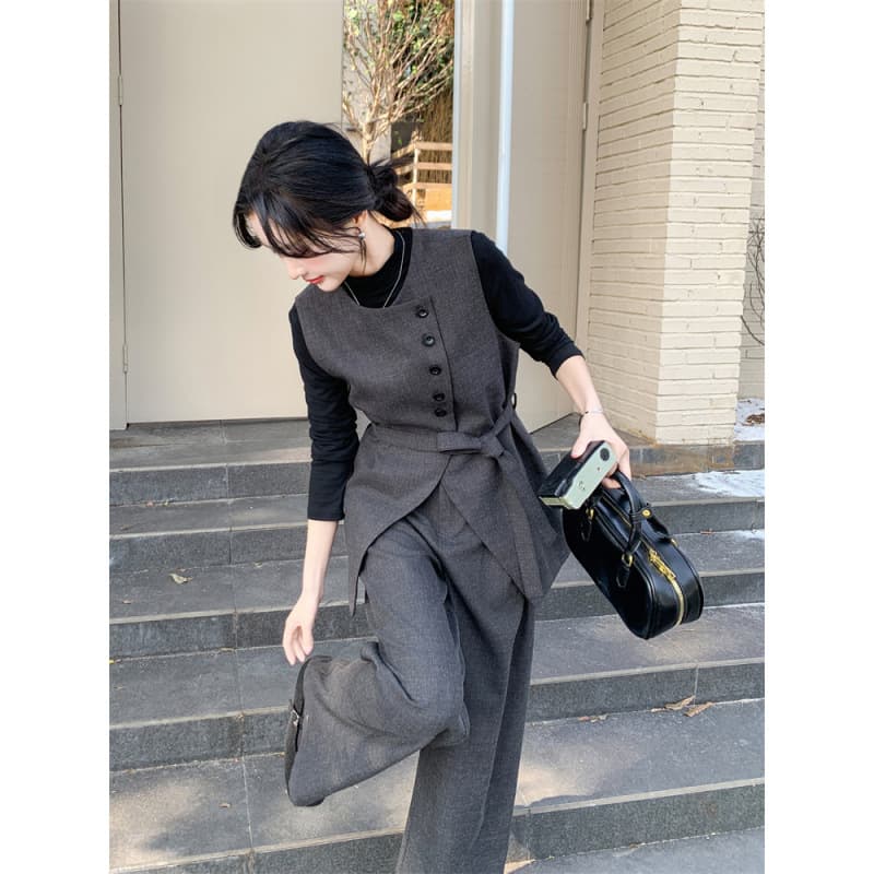 2913 Plus Size Women's Mid-Length Vest and Wide-Leg Pants Set, Sleeveless Jacket Vest Two-Piece Outfit for Curvy Women