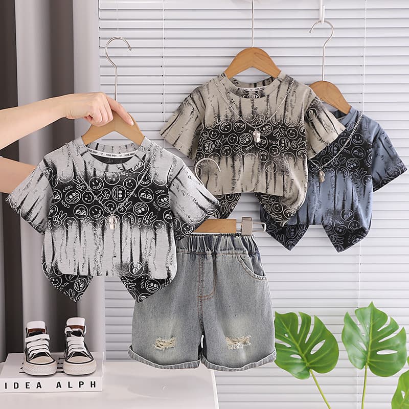Baby Summer Set 2026 New Toddler Boy Emoji Short Sleeve T-Shirt and Shorts Kids Casual Outfit