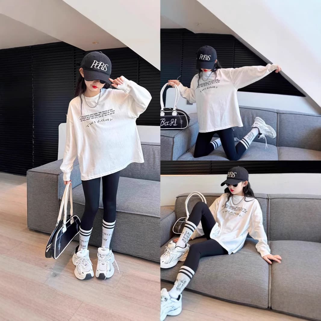 Girls Long Sleeve Cotton T-Shirt Autumn Base Layer Shirt Casual Style Pure Cotton Versatile Long Length Top for Early Autumn