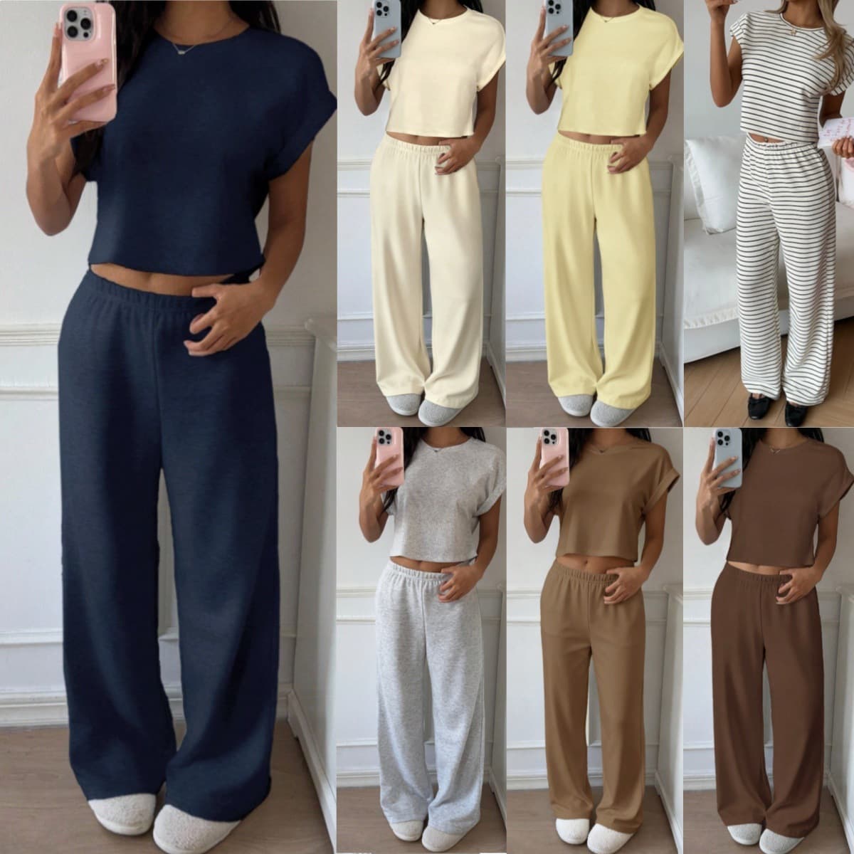2026 Amazon Cross-Border New European and American Retro Casual Loose Round Neck T-Shirt and Wide Leg Pants Set for Women