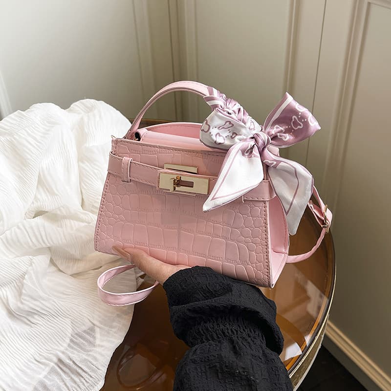 Fashionable Versatile Handheld Kelly Bag 2025 Summer Stone Texture Lock Design Shoulder Bag with Scarf Elegant Crossbody Bag