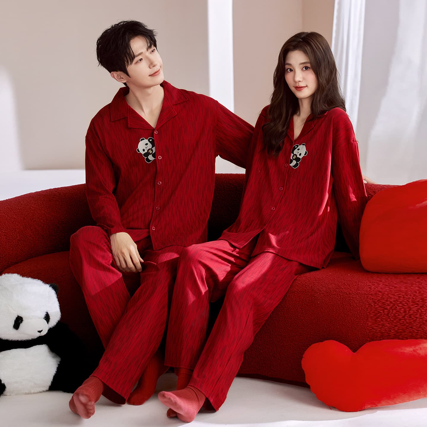 Red Newlywed Couple Pajamas, Spring and Autumn Season Men's and Women's Pure Cotton Long Sleeve Autumn Style Plus Size Homewear Set
