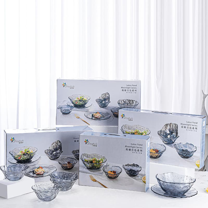 Moonlit Lotus Pond Nordic Gray Ins Style Dinnerware Set, Thickened Glass Bowls and Plates Gift Box Set for Events