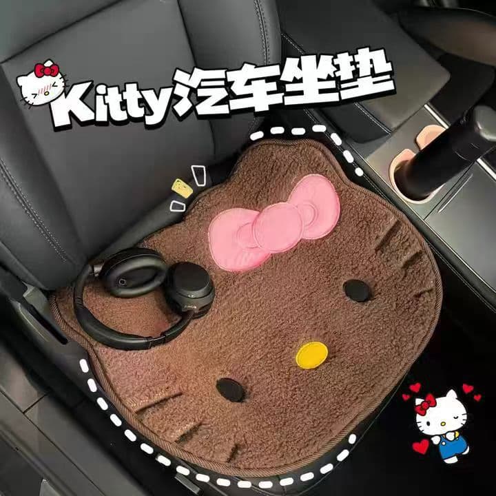 Cute Kitty Car Seat Cushion, Universal for Driver and Passenger, Black Leather Hello Kitty Themed Car Interior Dirt-Resistant Carpet Decoration